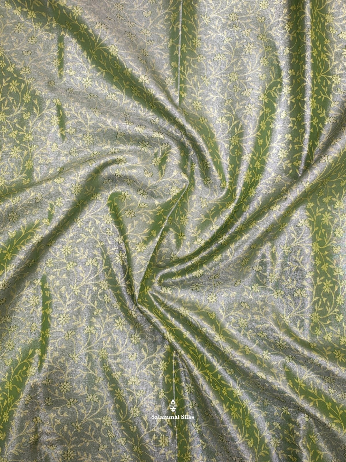 Olive Green Tissue Bridal Semi Silk Saree With Green Border