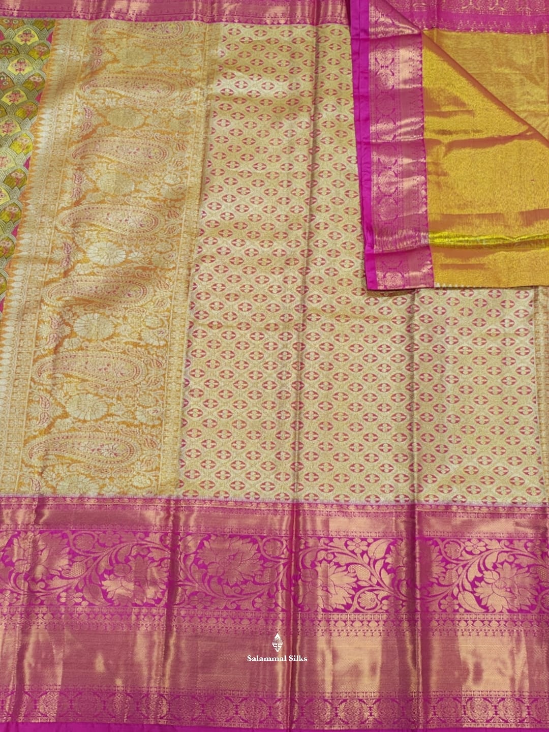 Golden Yellow Tissue Bridal Semi Silk Saree With Pink Border