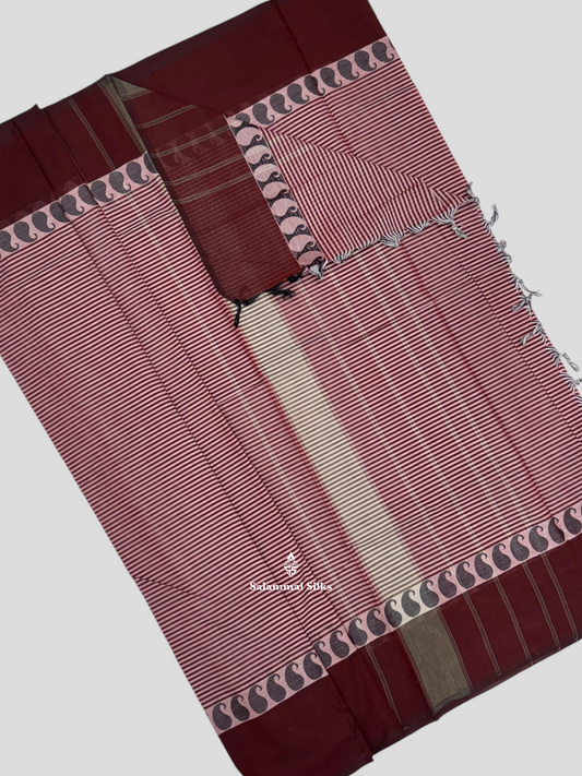 Brown Beautiful Pure Cotton With Body White Lines With Blouse