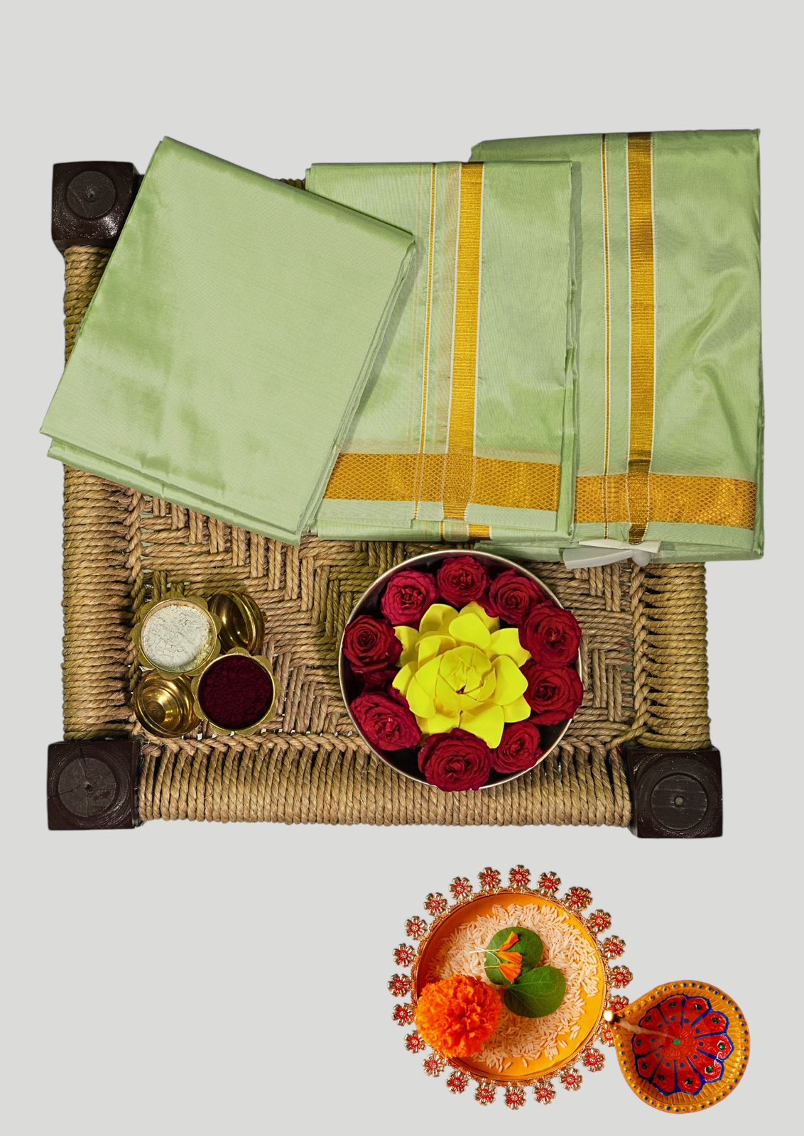 Pista Green Semi Silk Dhoti, Angavastram & Shirt (2.50M) with Gold Zari Border