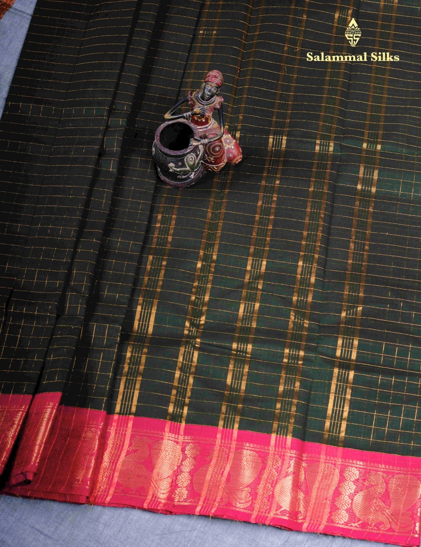 Kanjivaram Black Checks Pure Cotton Saree Without Blouse