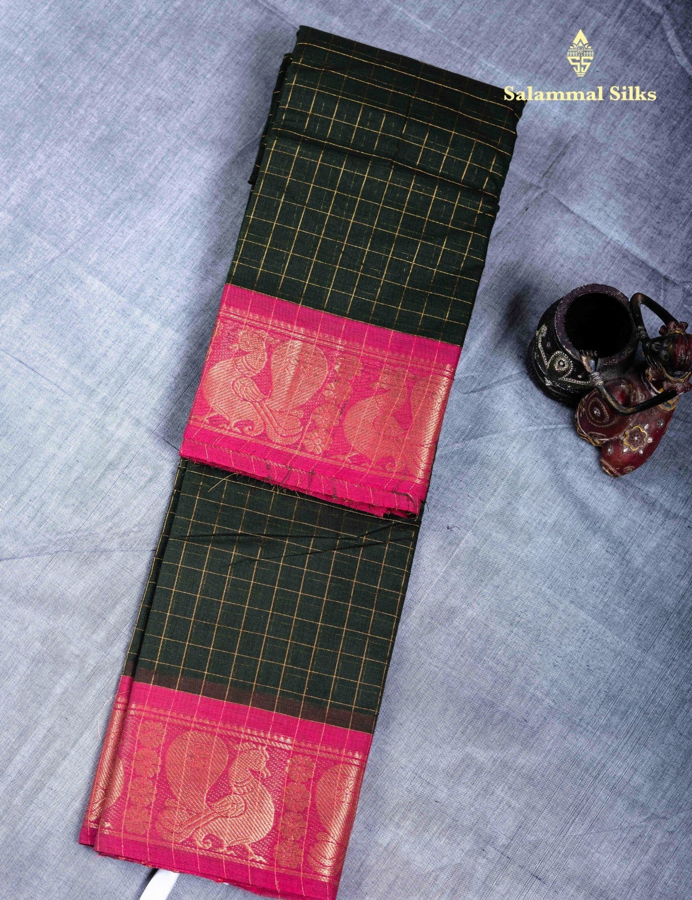 Kanjivaram Black Checks Pure Cotton Saree Without Blouse