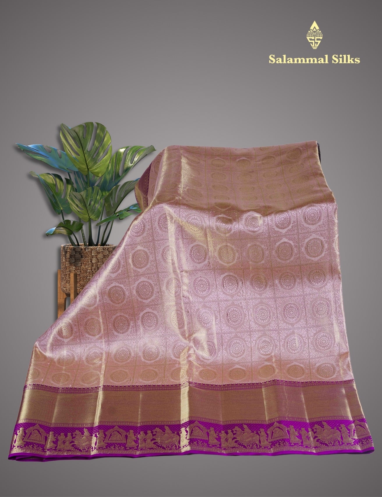 Kanjivaram Baby Pink Tissue Pure Silk Saree With violet Pallakku Border