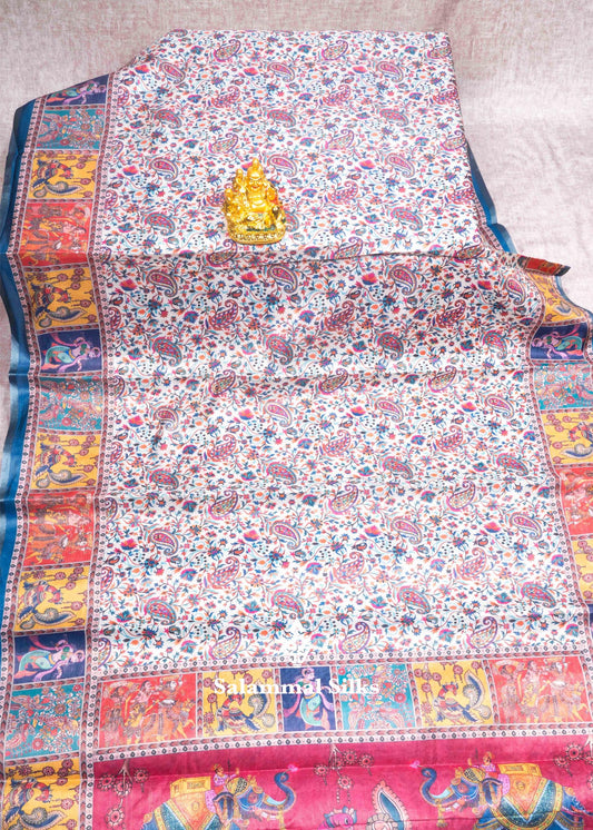 Cream Colour Beautiful Kalamkari Tissue Fancy Saree With Blouse