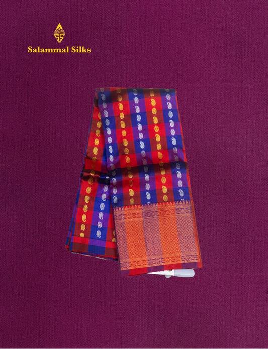 Pure Silk Pattu Pavadai (Multi Colour Checks ) With Red Blouse 27"