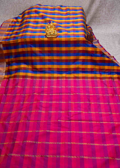 Paalum Pazham Checks 9 Yards Semi Silk Saree with Gold Zari (3 Inch) Border