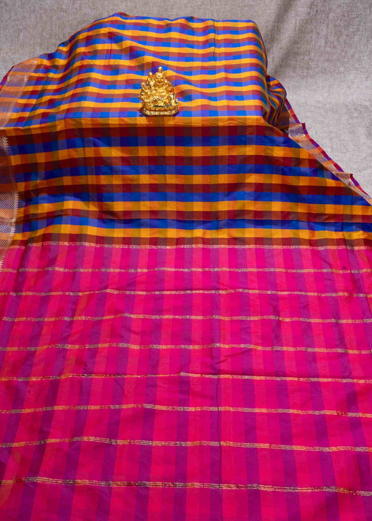 Paalum Pazham Checks 9 Yards Semi Silk Saree with Gold Zari (3 Inch) Border
