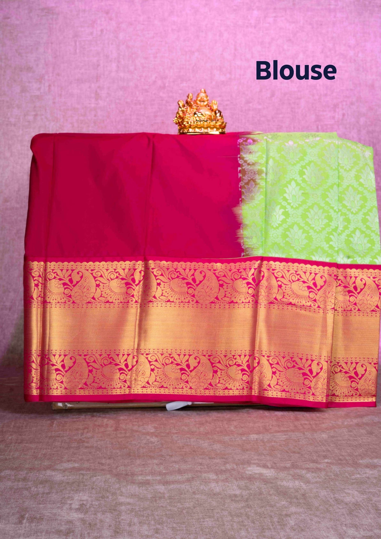 Mix Silk Pattu Pavadai ( Parrot Green ) With Pink Blouse  44"