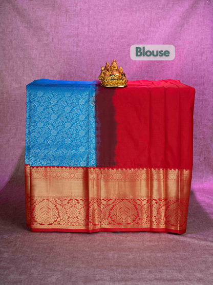 Mix Pattu Pavadai (Light Ramar Blue) With Red Blouse 44"