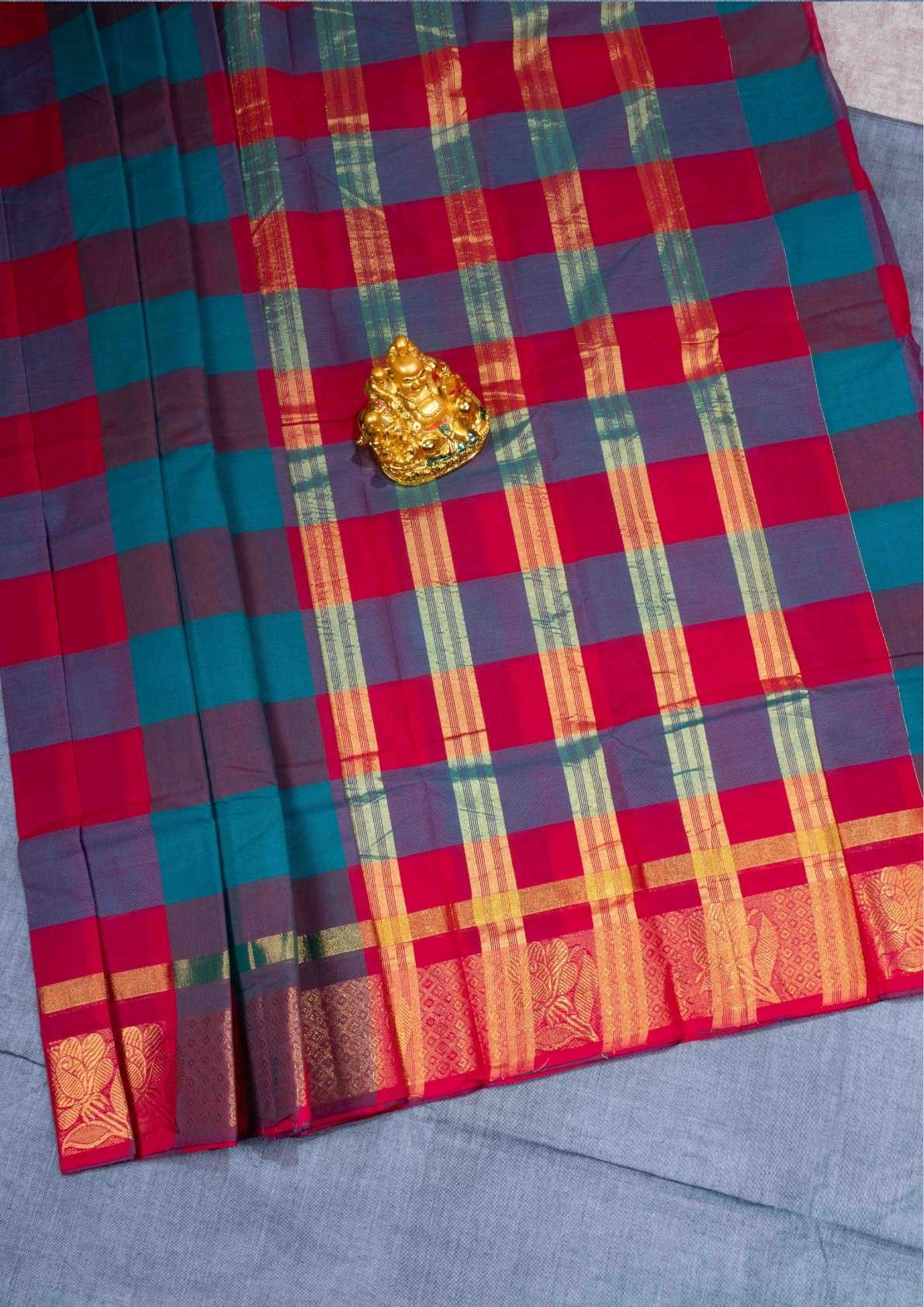 Kanjivaram Pure Cotton Saree  Multicolour Checks With Gold Zari Border