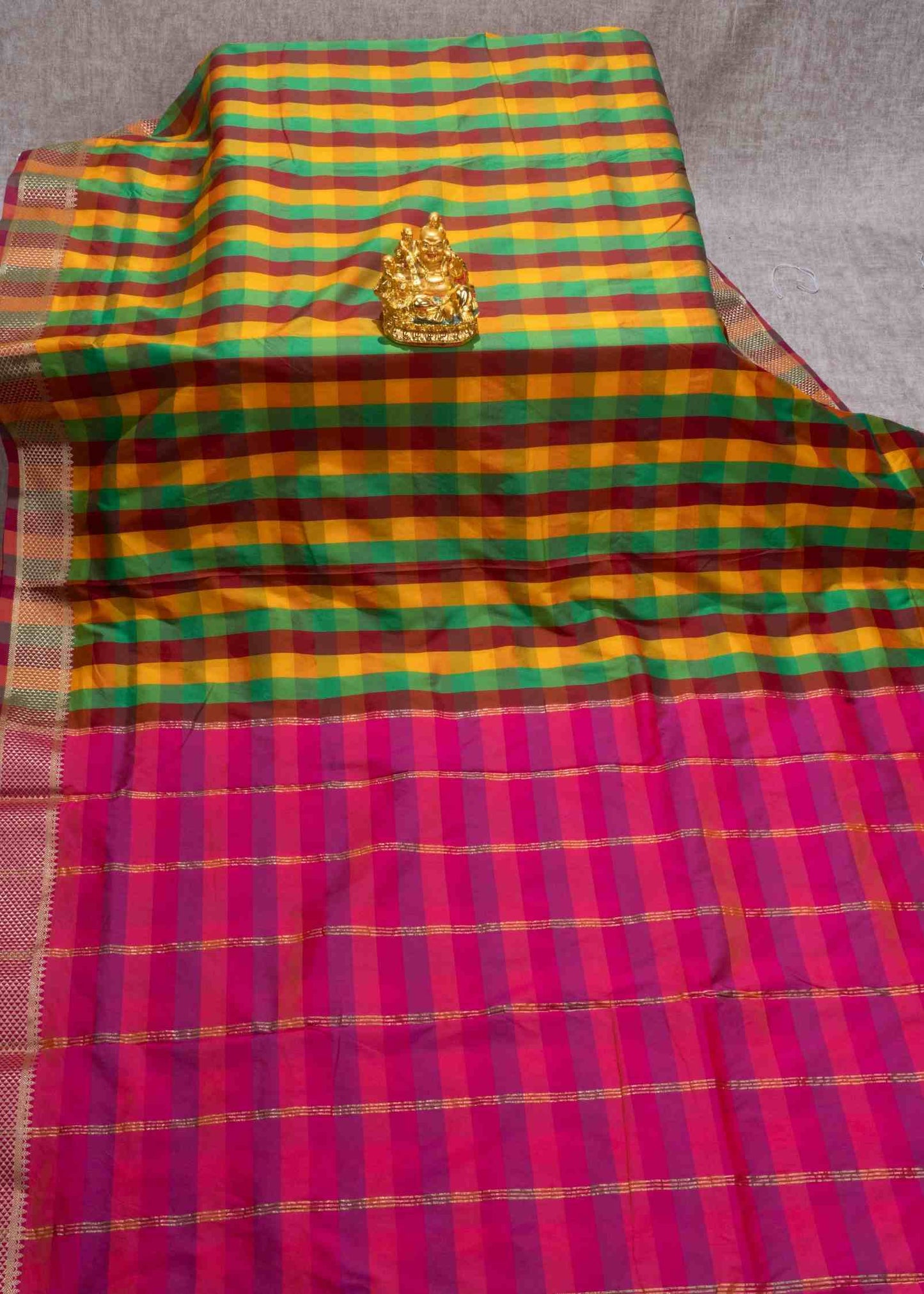 Paalum Pazham Checks 9 Yards Semi Silk Saree with Gold Zari (3 Inch) Border