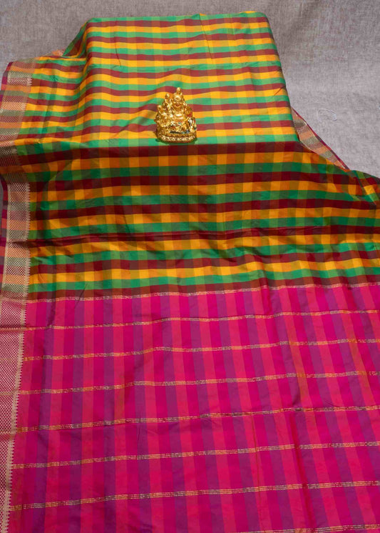 Paalum Pazham Checks 9 Yards Semi Silk Saree with Gold Zari (3 Inch) Border