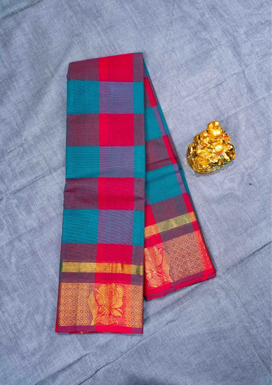 Kanjivaram Pure Cotton Saree  Multicolour Checks With Gold Zari Border