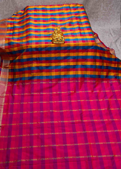 Paalum Pazham Checks 9 Yards Semi Silk Saree with Gold Zari (3 Inch) Border