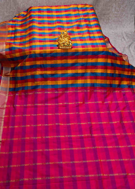 Paalum Pazham Checks 9 Yards Semi Silk Saree with Gold Zari (3 Inch) Border