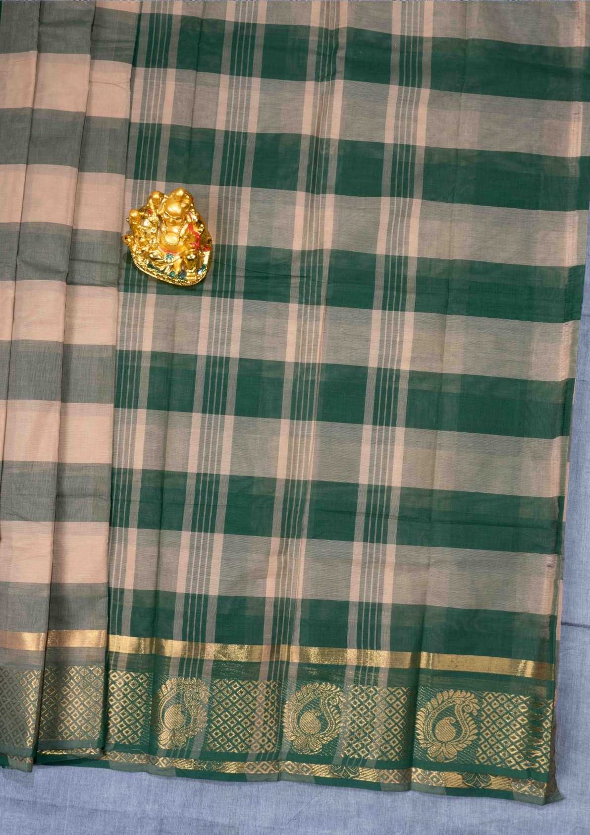 Kanjivaram Pure Cotton Saree  Multicolour Checks With Gold Zari Border