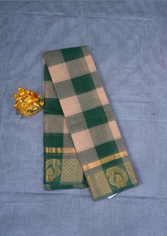 Kanjivaram Pure Cotton Saree  Multicolour Checks With Gold Zari Border