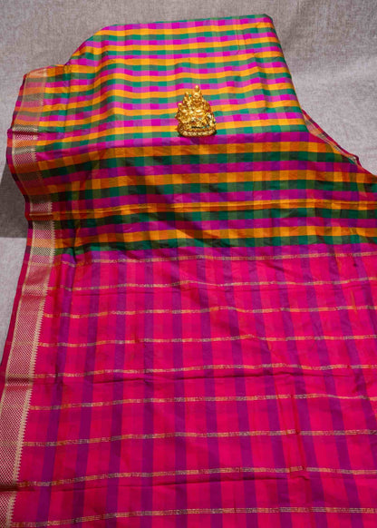 Paalum Pazham Checks 9 Yards Semi Silk Saree with Gold Zari (3 Inch) Border