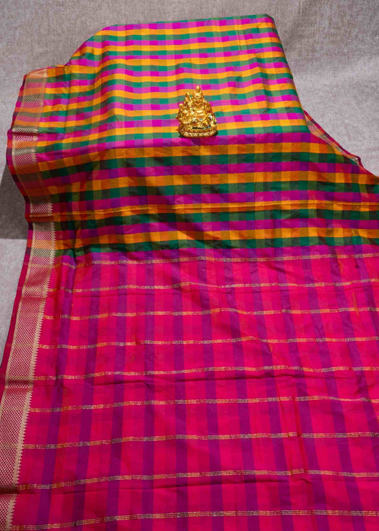 Paalum Pazham Checks 9 Yards Semi Silk Saree with Gold Zari (3 Inch) Border