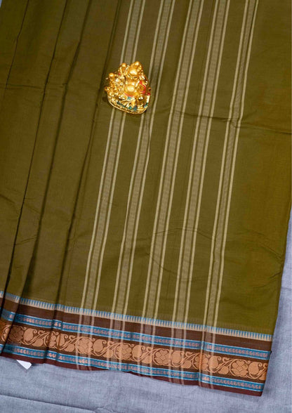 Kanjivaram Pure Cotton Plain Saree Army Green Colour With Fancy Border