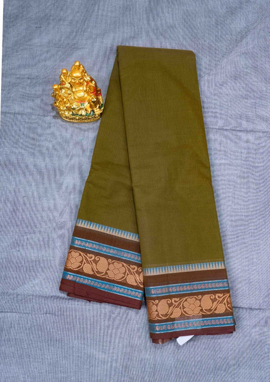 Kanjivaram Pure Cotton Plain Saree Army Green Colour With Fancy Border