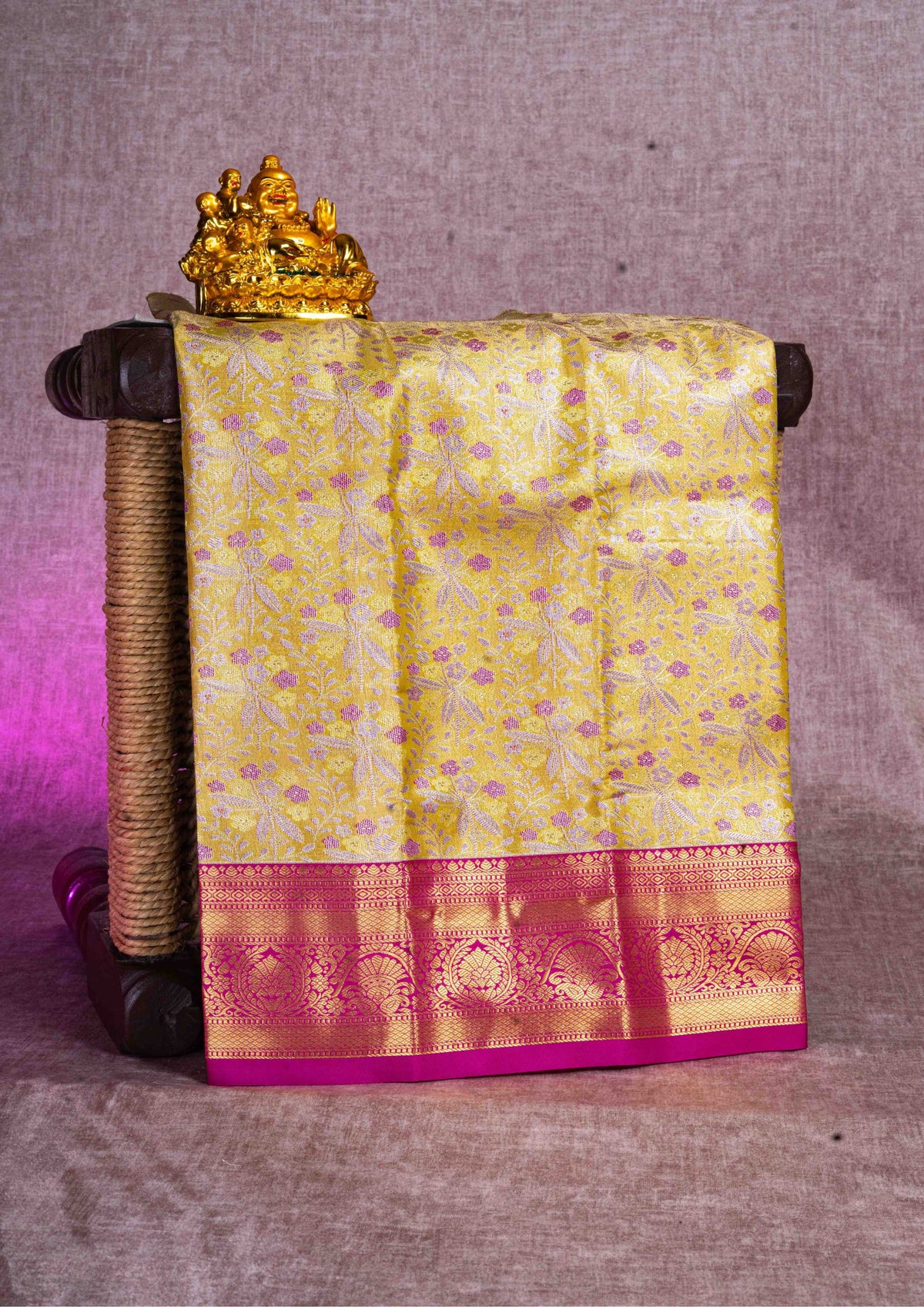 Semi Silk Pattu Pavadai (Mustard Yellow) With Pink Blouse 18"