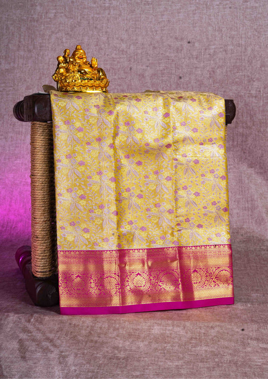 Mix Pattu Pavadai (Mustard Yellow) With Pink Blouse 18"