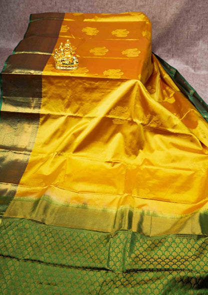 Mustard Yellow Puremix Silk Saree With Green Blouse