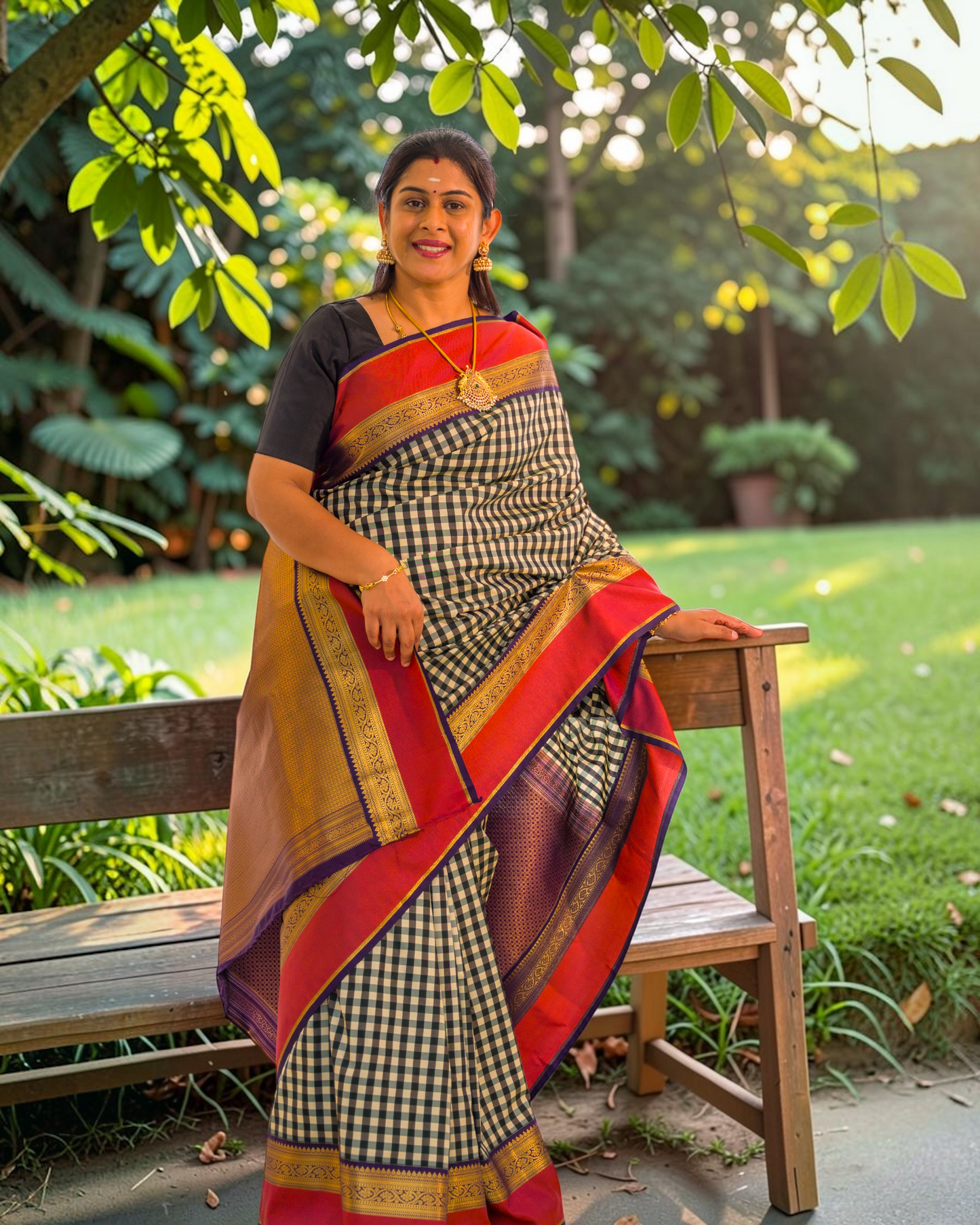 Beautiful Multicolour Small Checks Semi Silk Saree With Contrast Violet Traditional Border