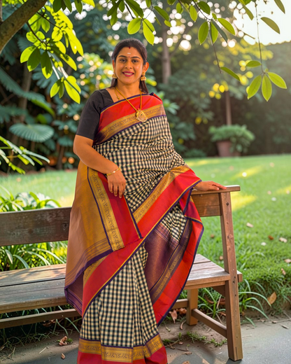Beautiful Multicolour Small Checks Semi Silk Saree With Contrast Violet Traditional Border