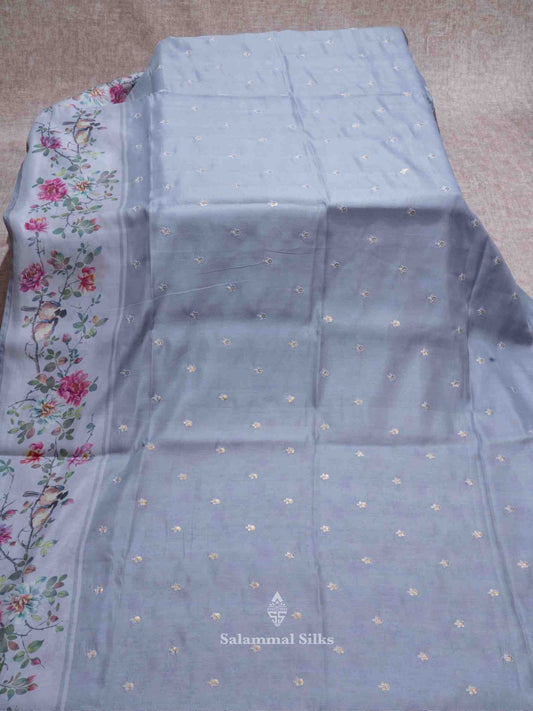 Silver Grey Color Tussar Fancy Saree with Printed Fancy Border and Blouse