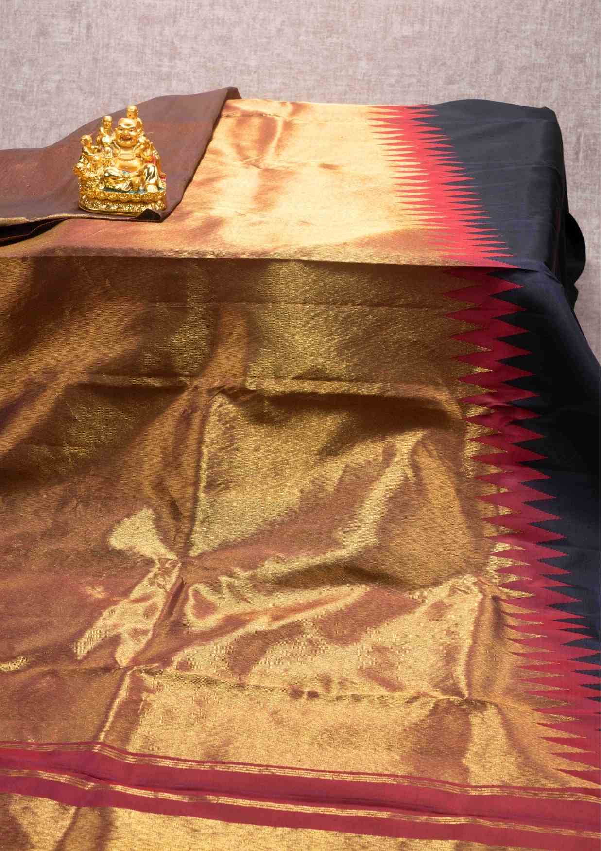Kanjivaram 8kol Pure Silk Saree Rising Border Black & Gold  With Maroon Blouse
