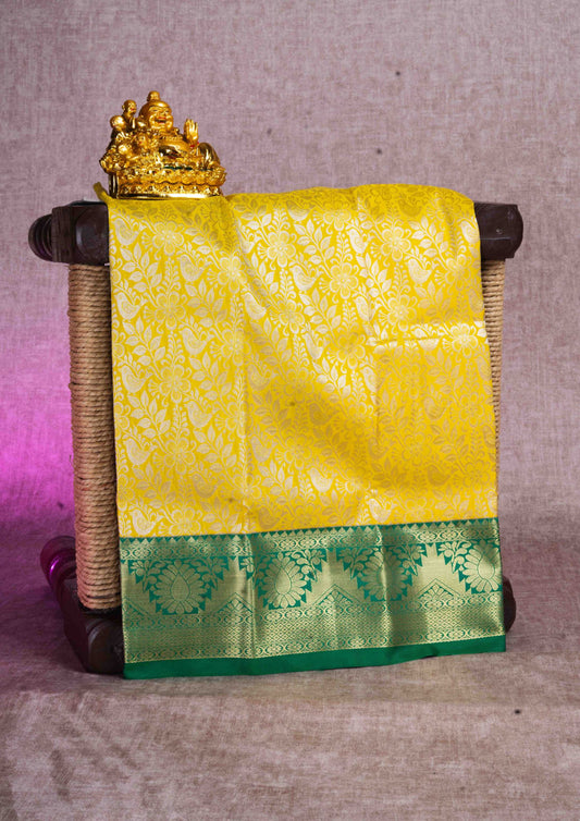 Mix Pattu Pavadai ( Yellow ) With Green Blouse 18"