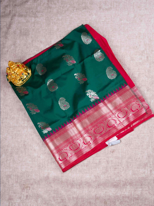 Mix Pattu Pavadai (Bottle Green) With Pink Blouse 18"