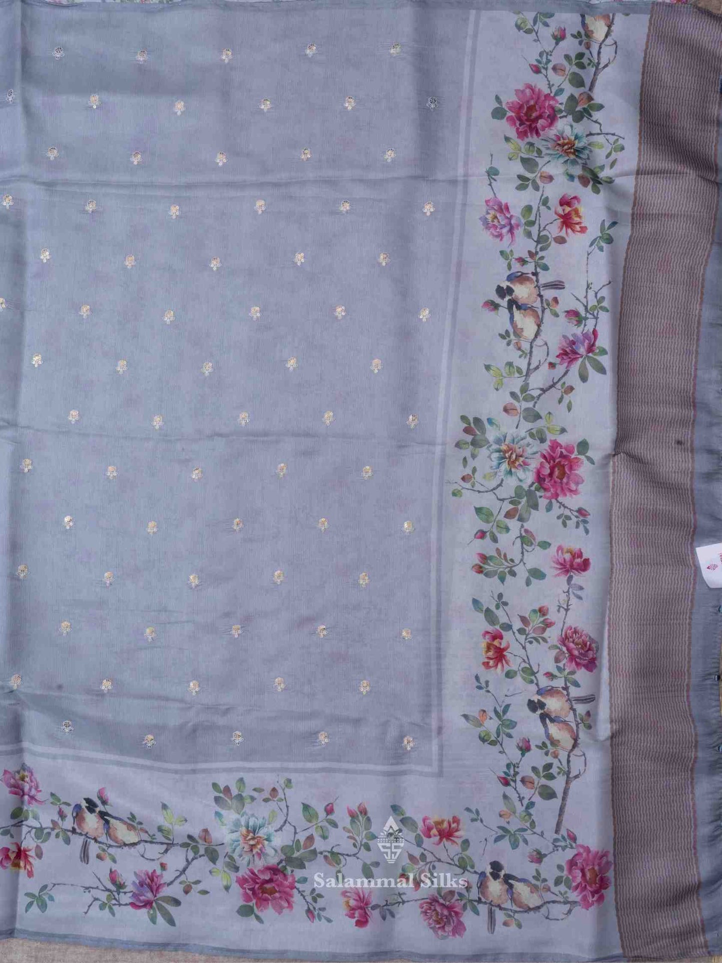 Silver Grey Color Tussar Fancy Saree with Printed Fancy Border and Blouse