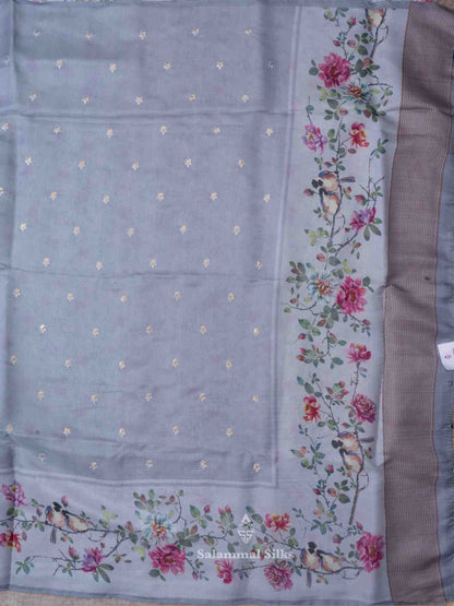 Silver Grey Color Tussar Fancy Saree with Printed Fancy Border and Blouse