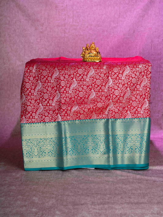 Mix Pattu Pavadai (Tomato Red) With Peacock Green Blouse 44"