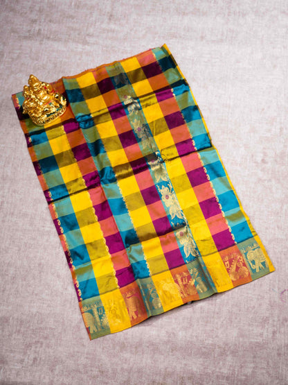 Pure Silk Pattu Pavadai (MultiColour Checks) With Pinkish Orange Blouse 27"