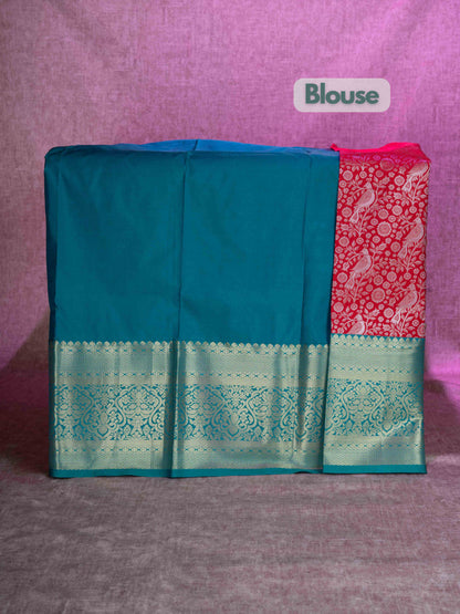 Mix Pattu Pavadai (Tomato Red) With Peacock Green Blouse 44"