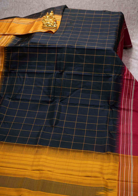 Kanjivaram Pure Silk Saree Black Body & Yellow Checks With Ganga Jamuna Border