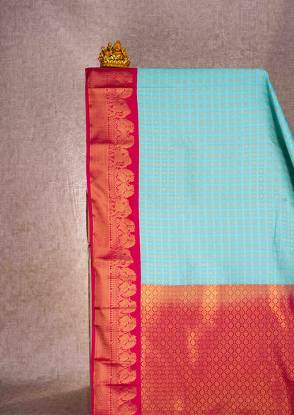 Mustard Yellow Checks Semi Silk Saree With Magenta Blouse