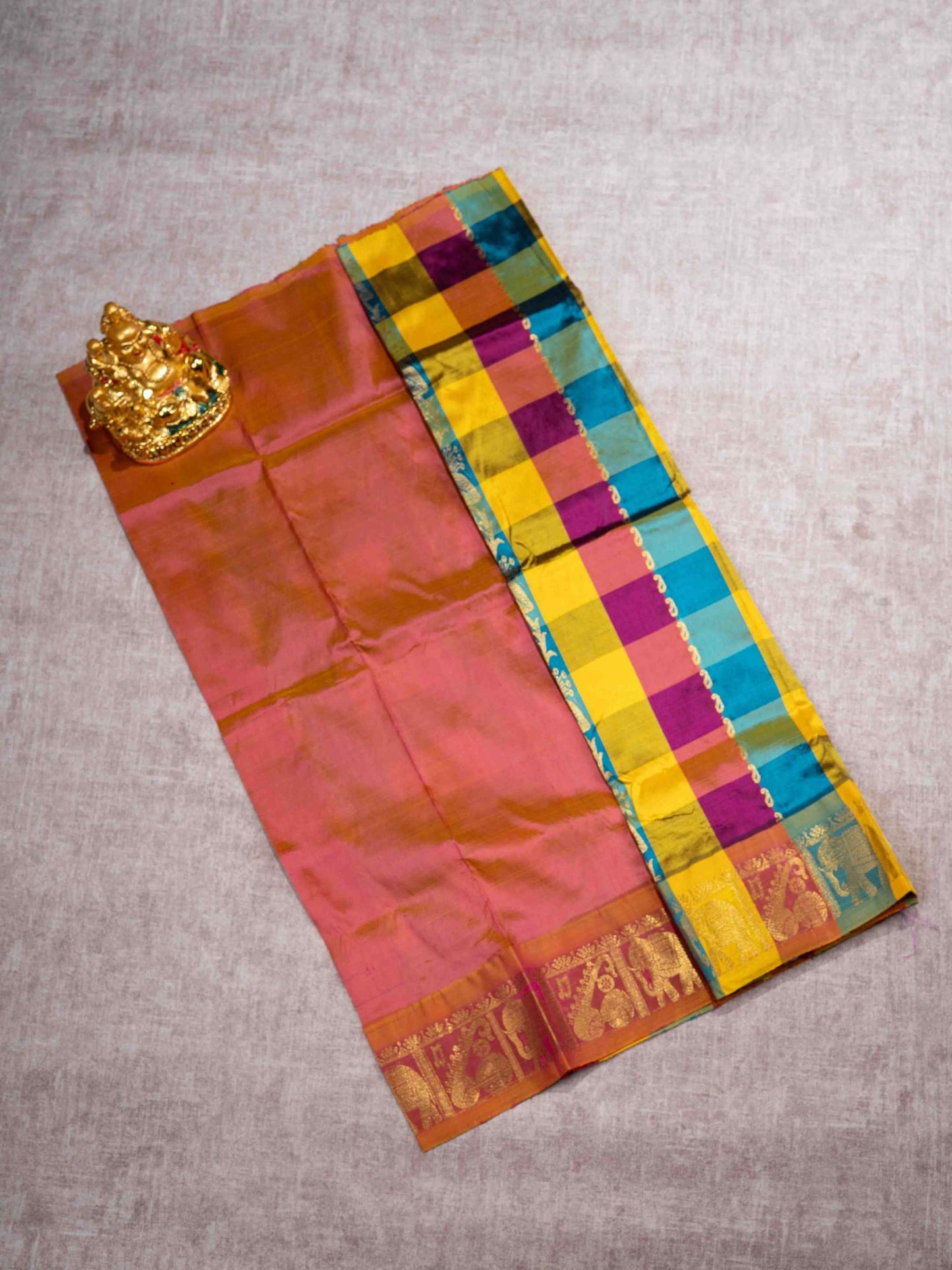 Pure Silk Pattu Pavadai (MultiColour Checks) With Pinkish Orange Blouse 27"