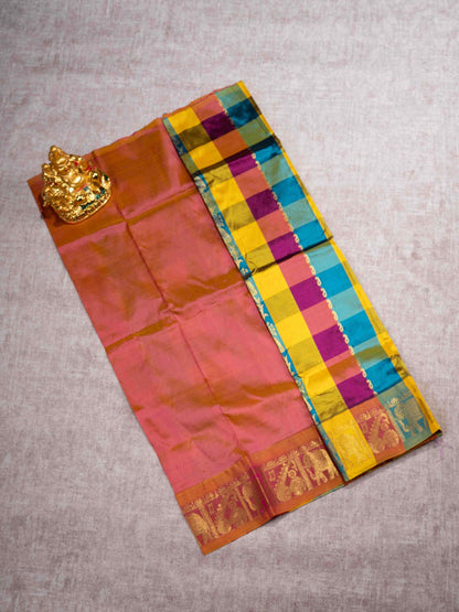 Pure Silk Pattu Pavadai (MultiColour Checks) With Pinkish Orange Blouse 27"