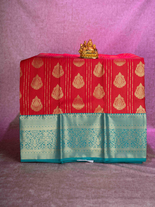 Mix Pattu Pavadai (Red) With Peacock Green Blouse 44"