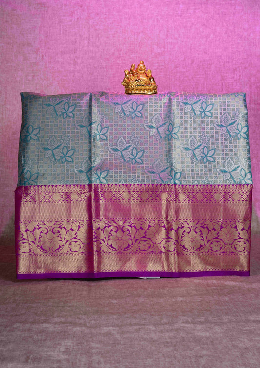 Mix Silk Pattu Pavadai ( Light Green Tissue ) With Violet Blouse  44"