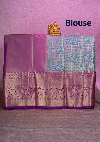 Mix Silk Pattu Pavadai ( Light Green Tissue ) With Violet Blouse  44"
