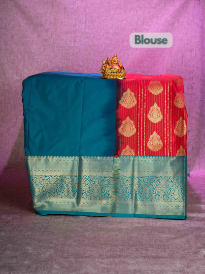 Mix Pattu Pavadai (Red) With Peacock Green Blouse 44"