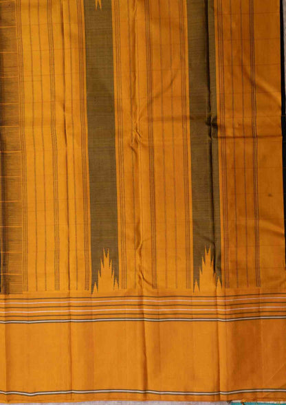 Kanjivaram Pure Silk Saree Black Body & Yellow Checks With Ganga Jamuna Border