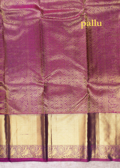 Kanjivaram Olive Green Pure Silk Jacquard Saree With Majentha Pink Blouse