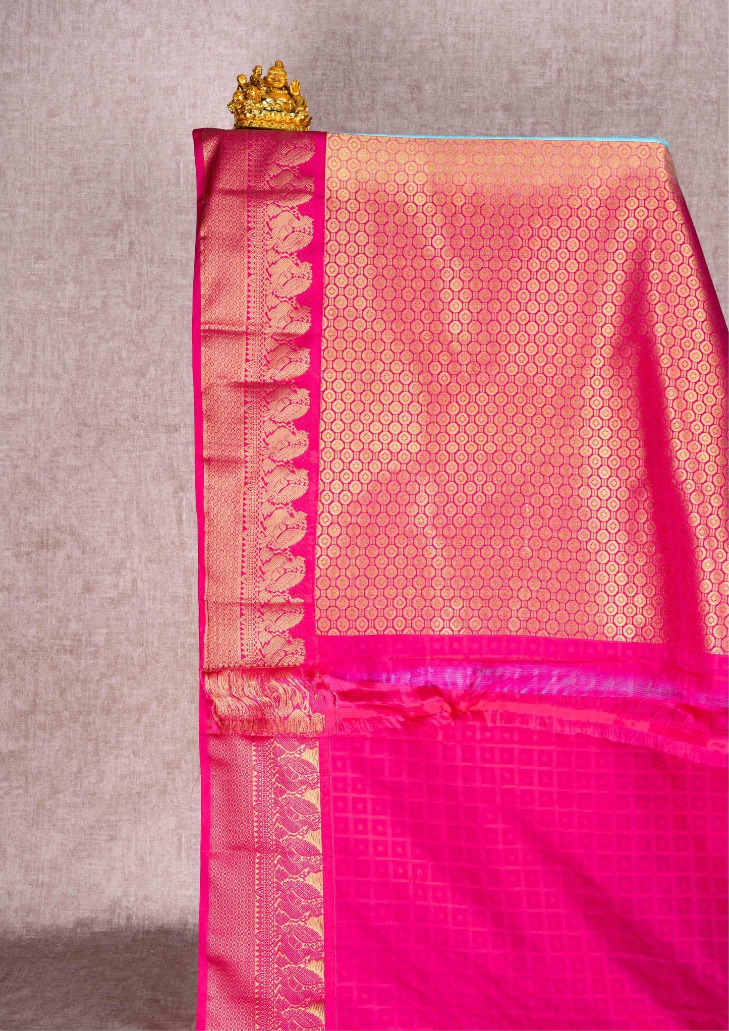 Mustard Yellow Checks Semi Silk Saree With Magenta Blouse
